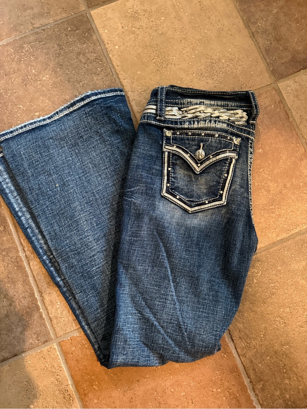Miss Me Dark Blue Embroidered Flare Jeans